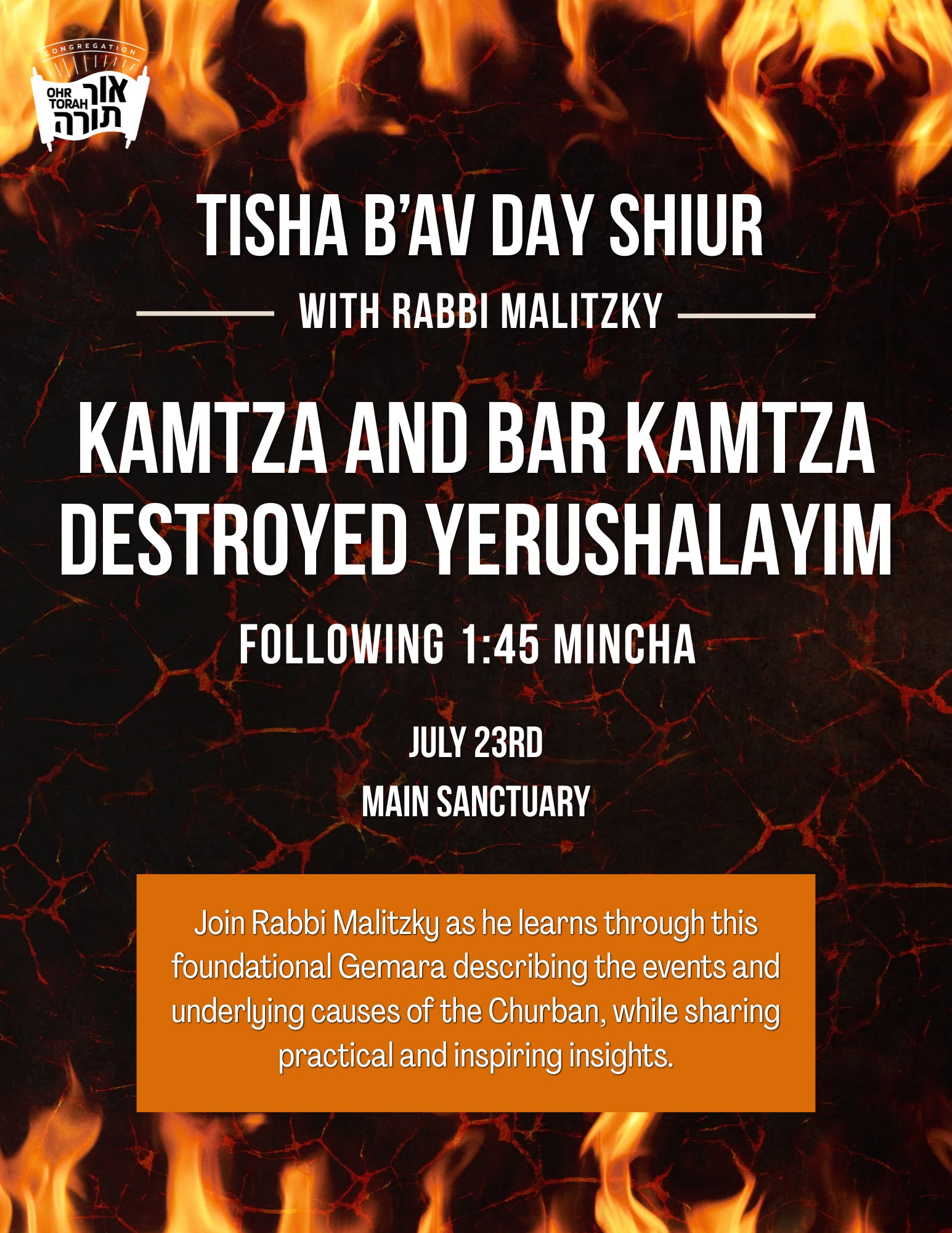 Tisha B'Av Day Shiur with Rabbi Malitzky — Kamtza and Bar Kamtza Destroyed Yerushalayim flyer